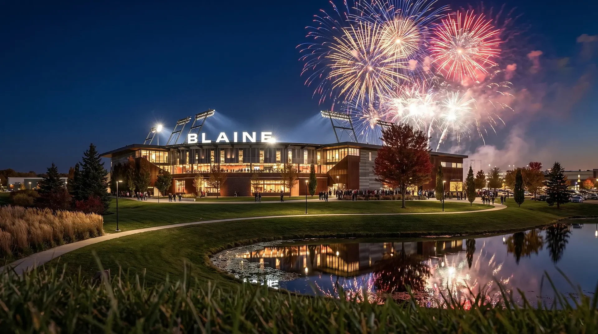 Nighttime rendering of the City of Blaine, Minnesota development with fireworks over the pond